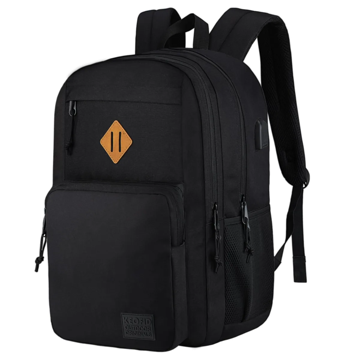 Black polyester laptop backpack with USB port and luggage strap