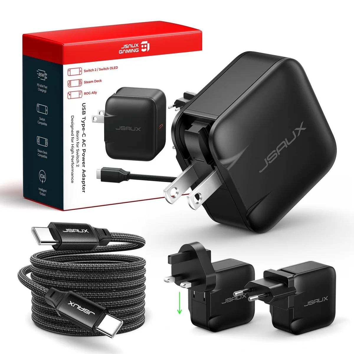 JSAUX CH6505 65W GaN USB C Charger EU/UK Plug 6.6FT Cable Black — product photo