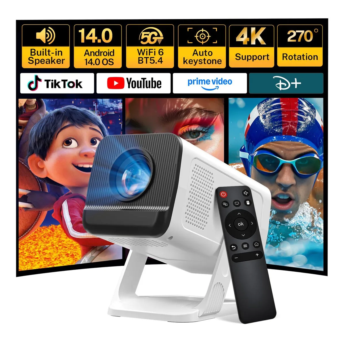 Compact white mini projector with 270° rotating stand