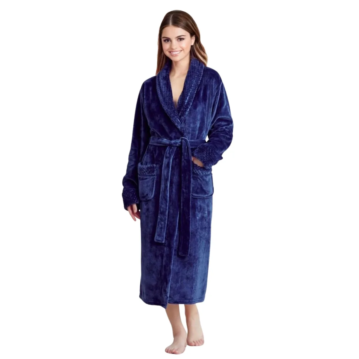 Navy plush fleece robe with shawl collar and front pockets