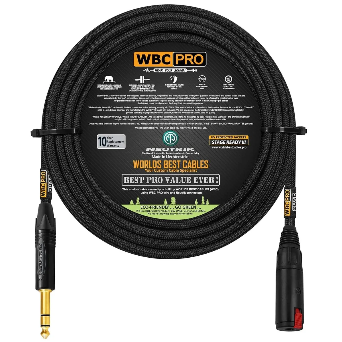 V2 Technologies V2 Technologies WBC-PRO-Quad 25 ft 6.35 mm Neutrik TRS Extension Cable 2 in 1 accessory — product photo