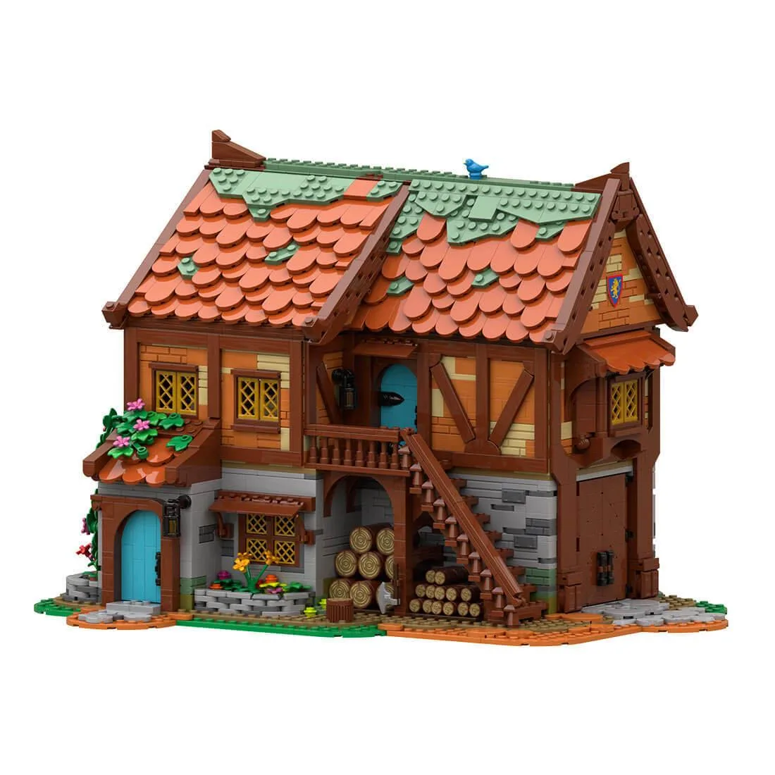 Colourful brick workshop model with detailed timber frame and roof sections