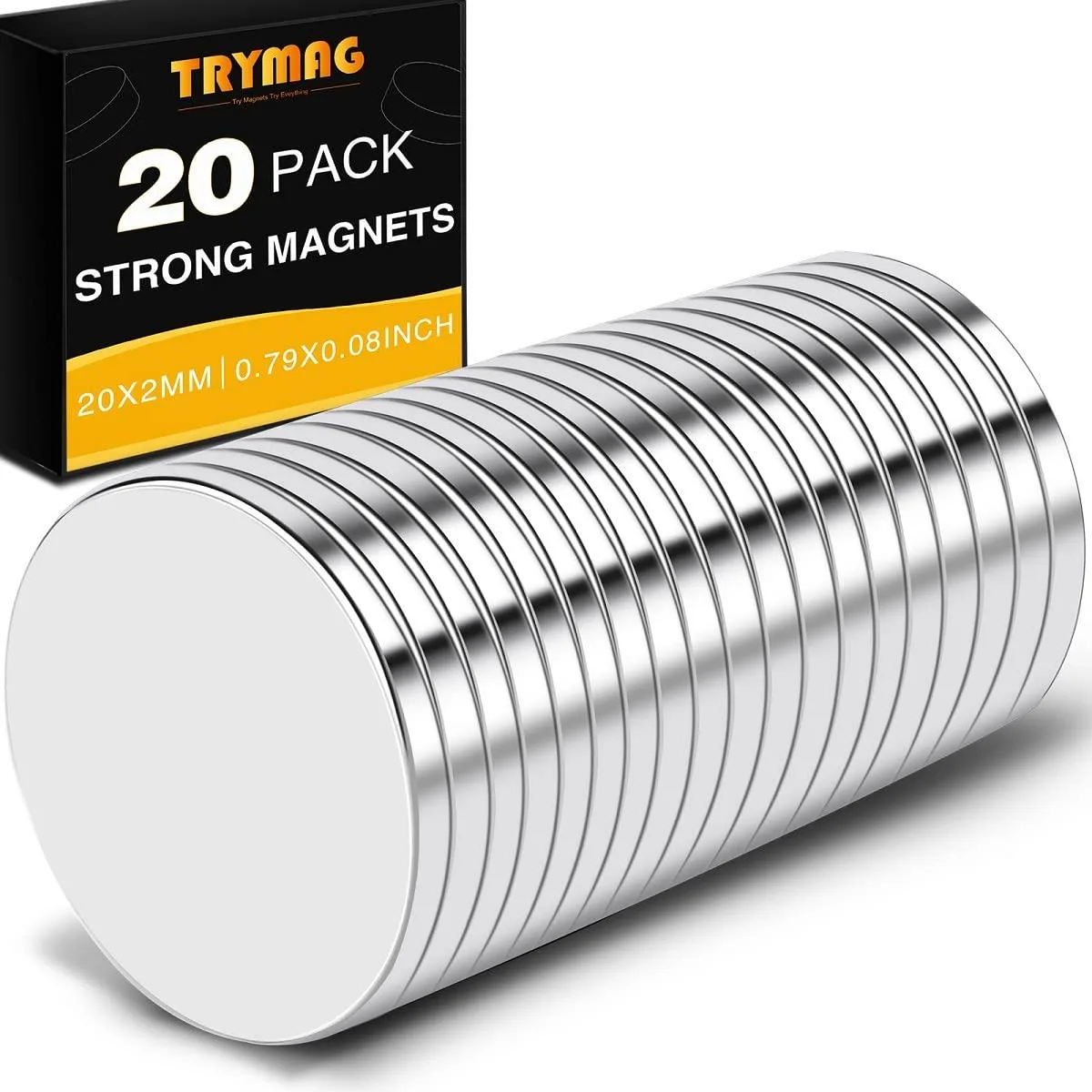 Twenty small round magnets in assorted colours inside a metal can