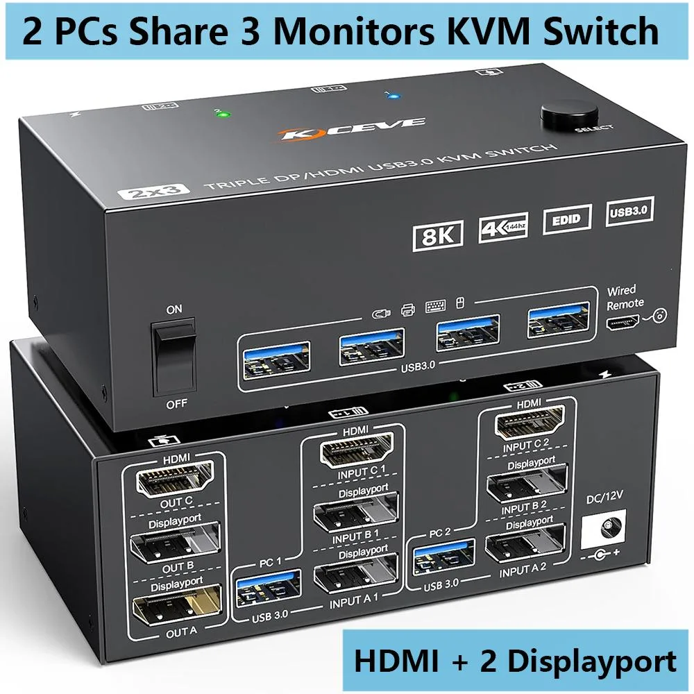 IHDAPP IHDAPP 2 DP + HDMI KVM Switch 2 PC 3 Mon 8K@60Hz 4K@144Hz USB 3.0 — product photo