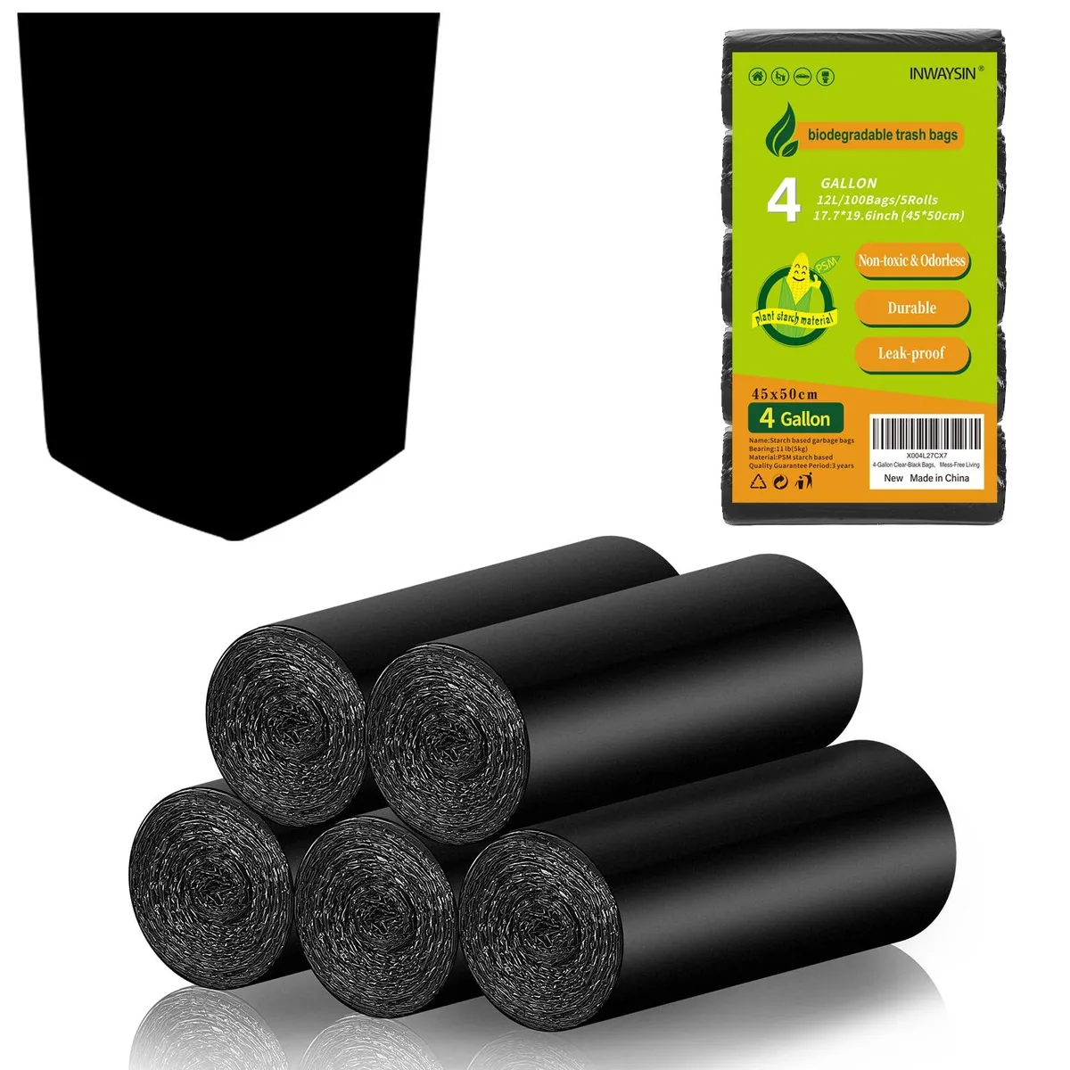 Roll of black compostable trash bags, 100 count, 4 gallon size