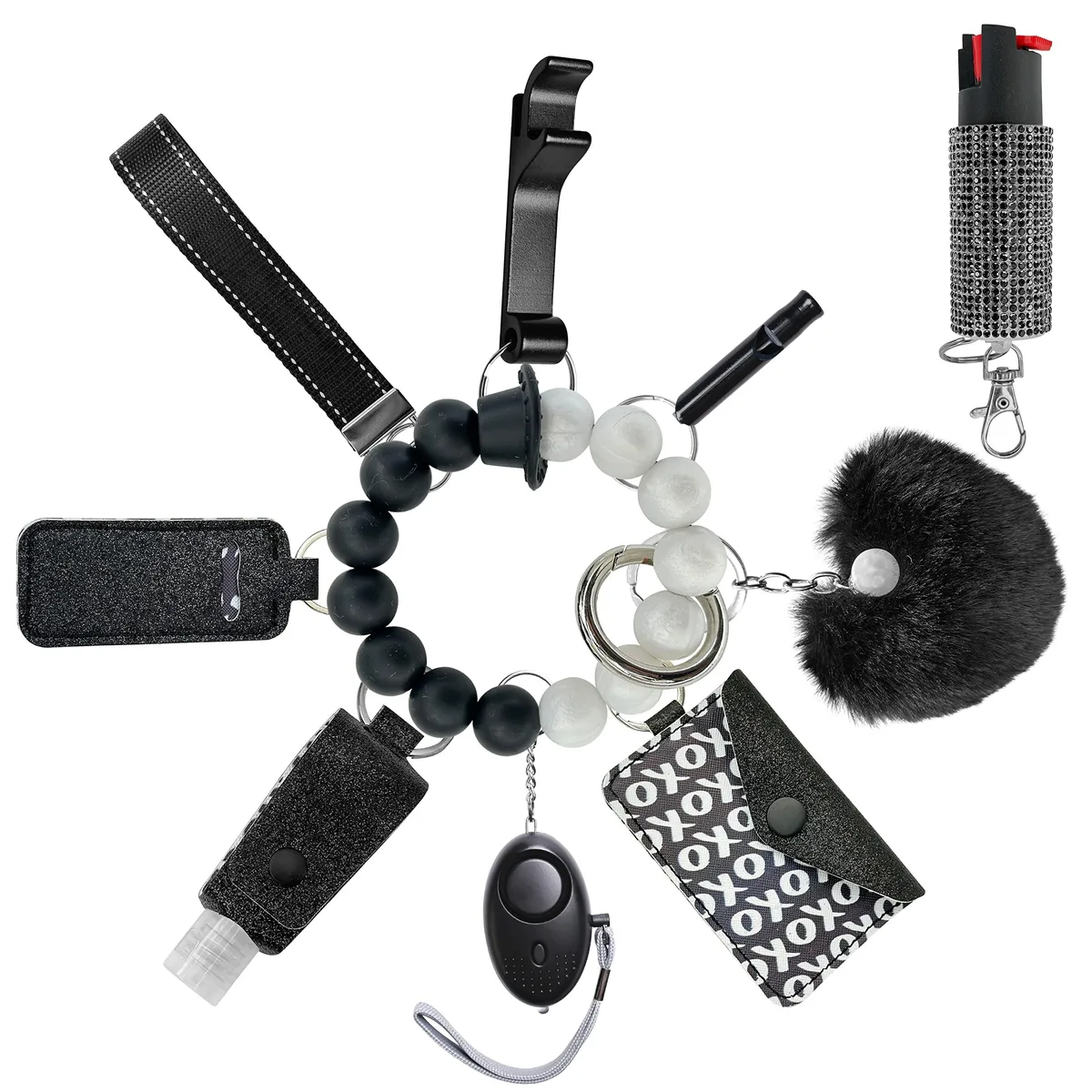  Viator Gear Keychain Set Black 140dB Alarm Wristlet Pom Pom Credit Card Puller — product photo