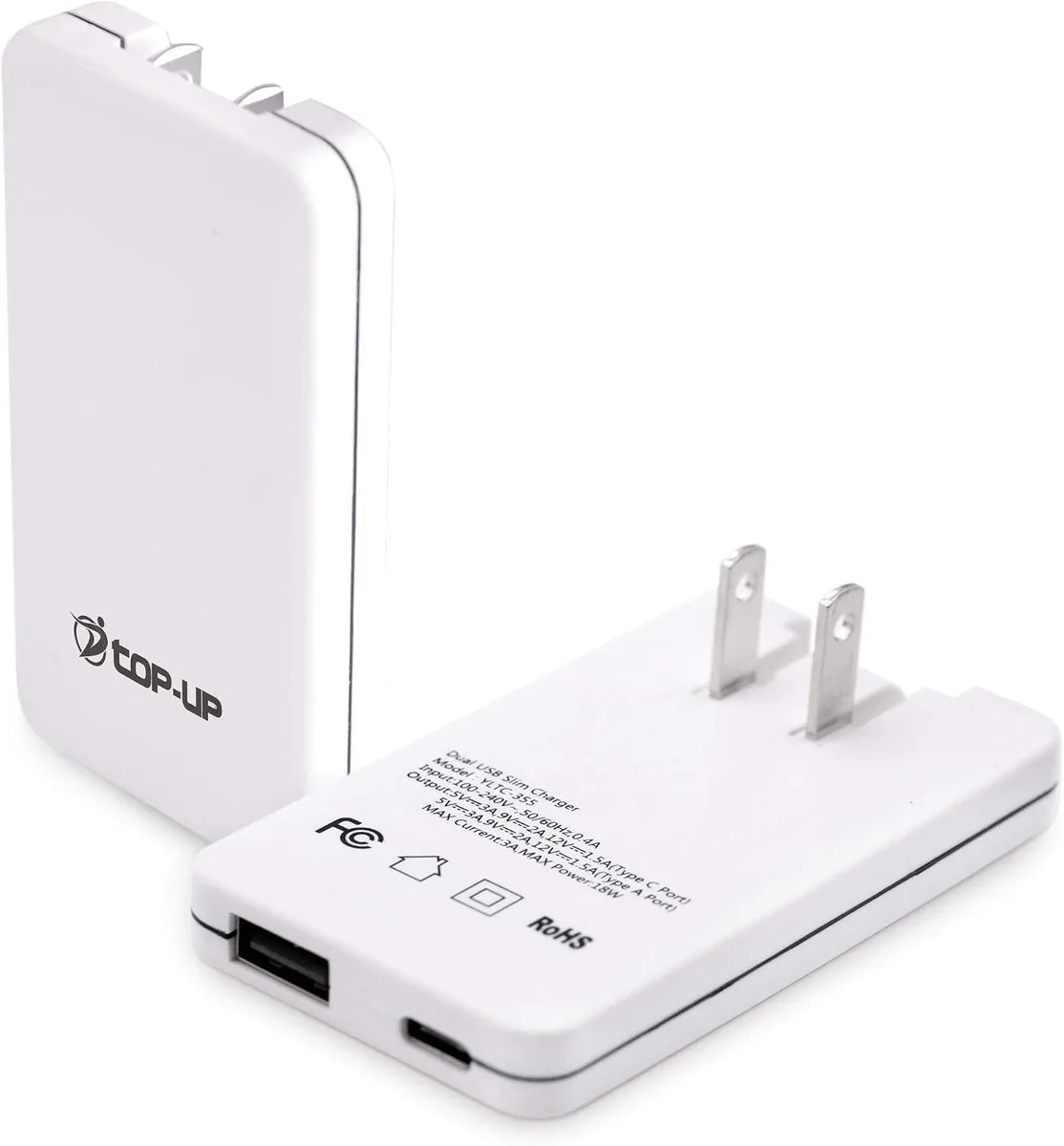 ONITOON ONITOON 18W Flat USB Wall Charger Dual Port USB-C USB-A .47in — product photo