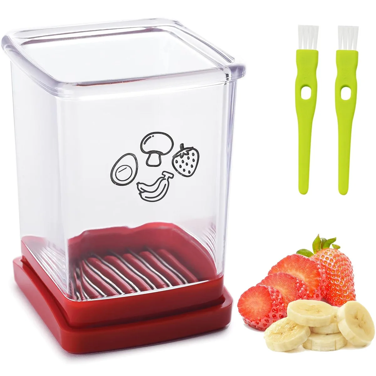 Red transparent fruit slicer cup with stainless steel blades and push plate, 2.99 by 2.99 by 4.3 inches