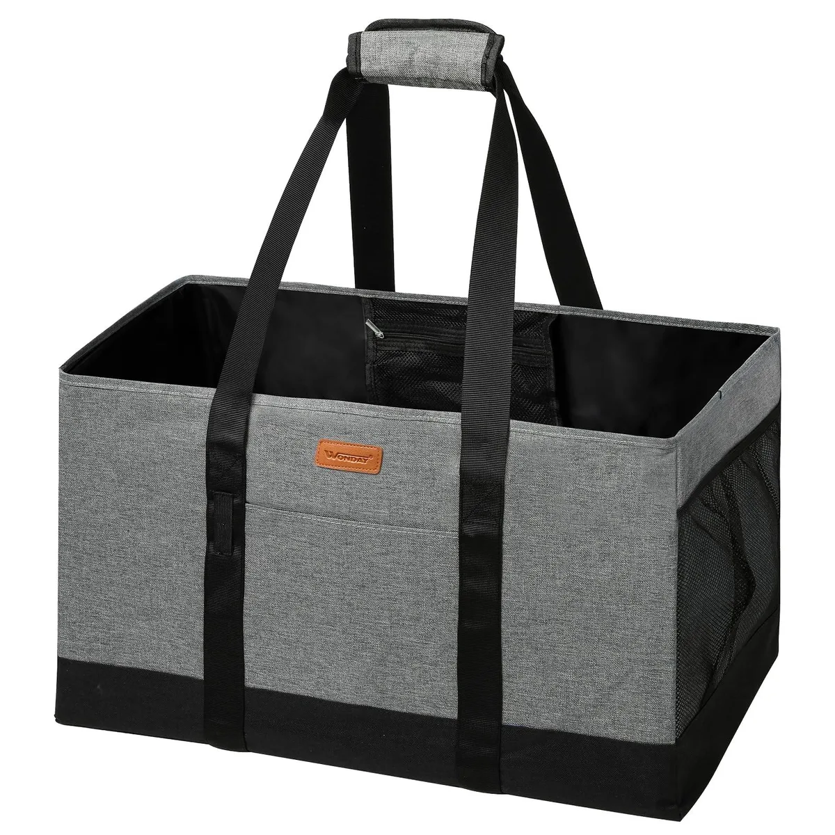 Grey foldable tote bag with handles, rectangular shape, fabric finish
