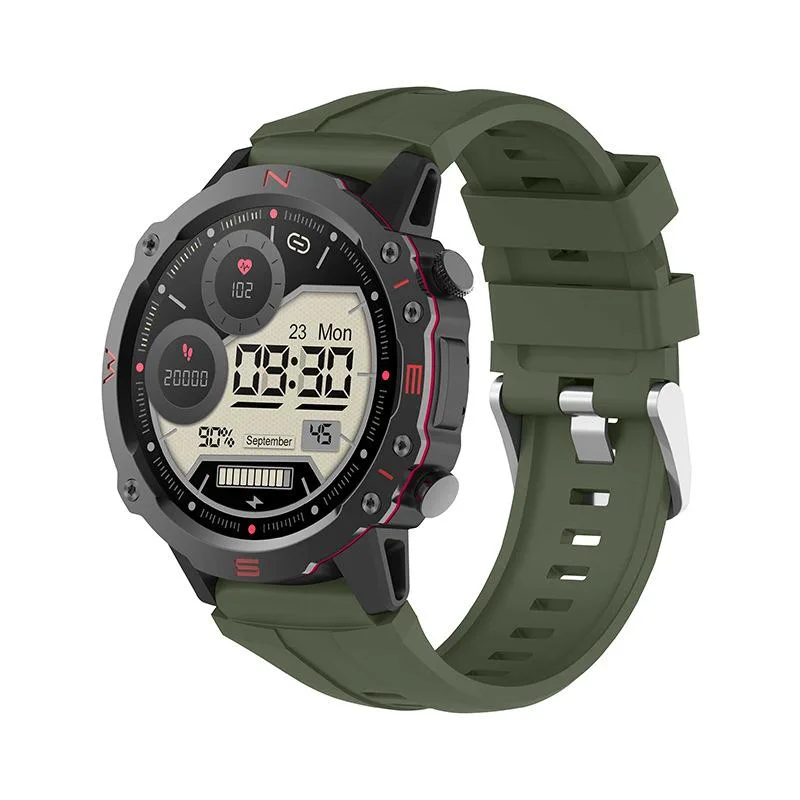 Green round smartwatch with silicone strap and aluminium case