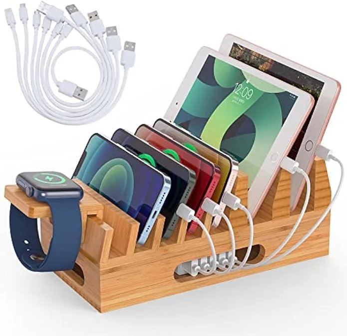 TAURKENAM TAURKENAM Bamboo Charging Station Organizer with 6 Cables & Watch Stand — product photo