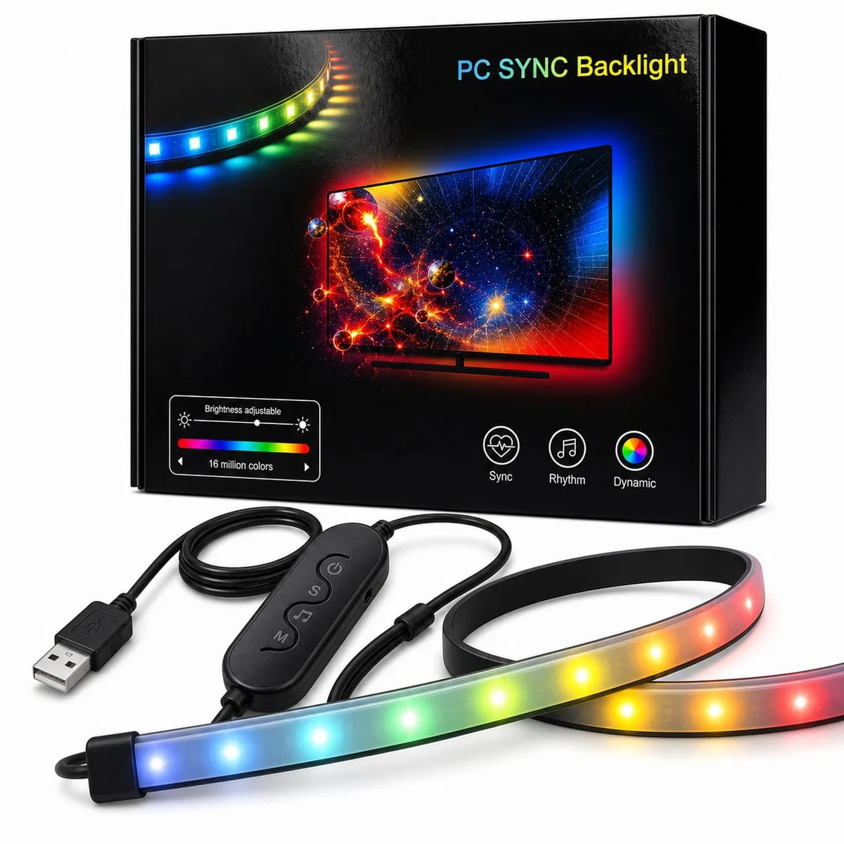 Black COB LED strip kit for 34 inch monitor backlight, three-sided flexible tape with USB power connector