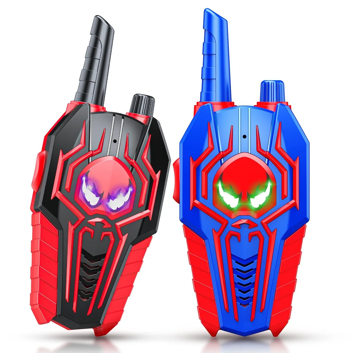 Pair of compact two-way radios in bright finish with push-to-talk buttons and belt clips