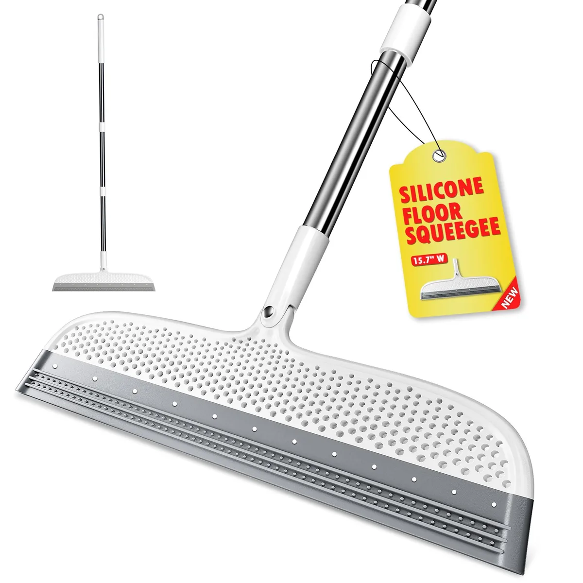 White silicone floor squeegee with 52 in handle and 15.7 in blade, 180° rotating head