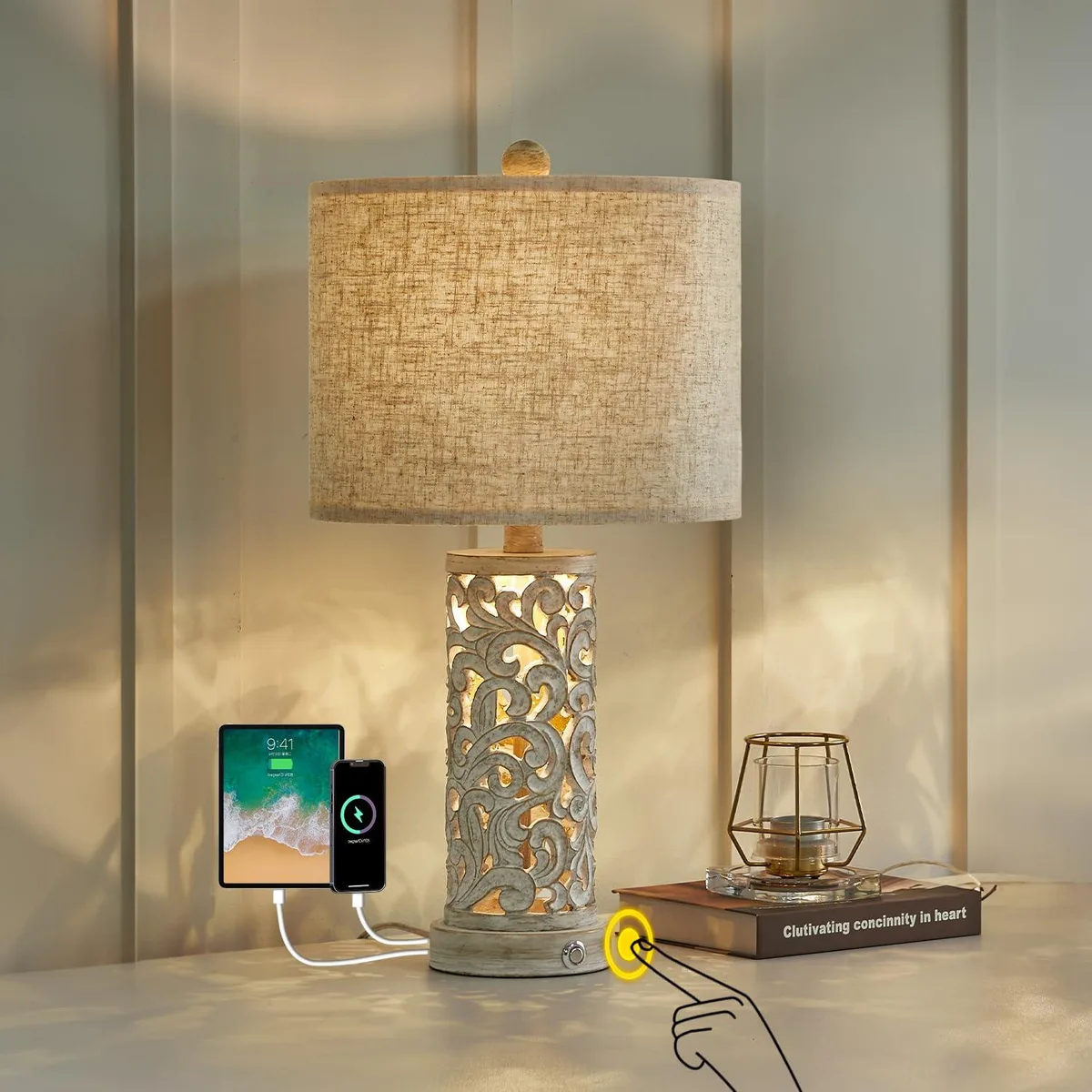 Antique-finish resin base with beige linen shade, 22 inches tall, touch control, USB ports