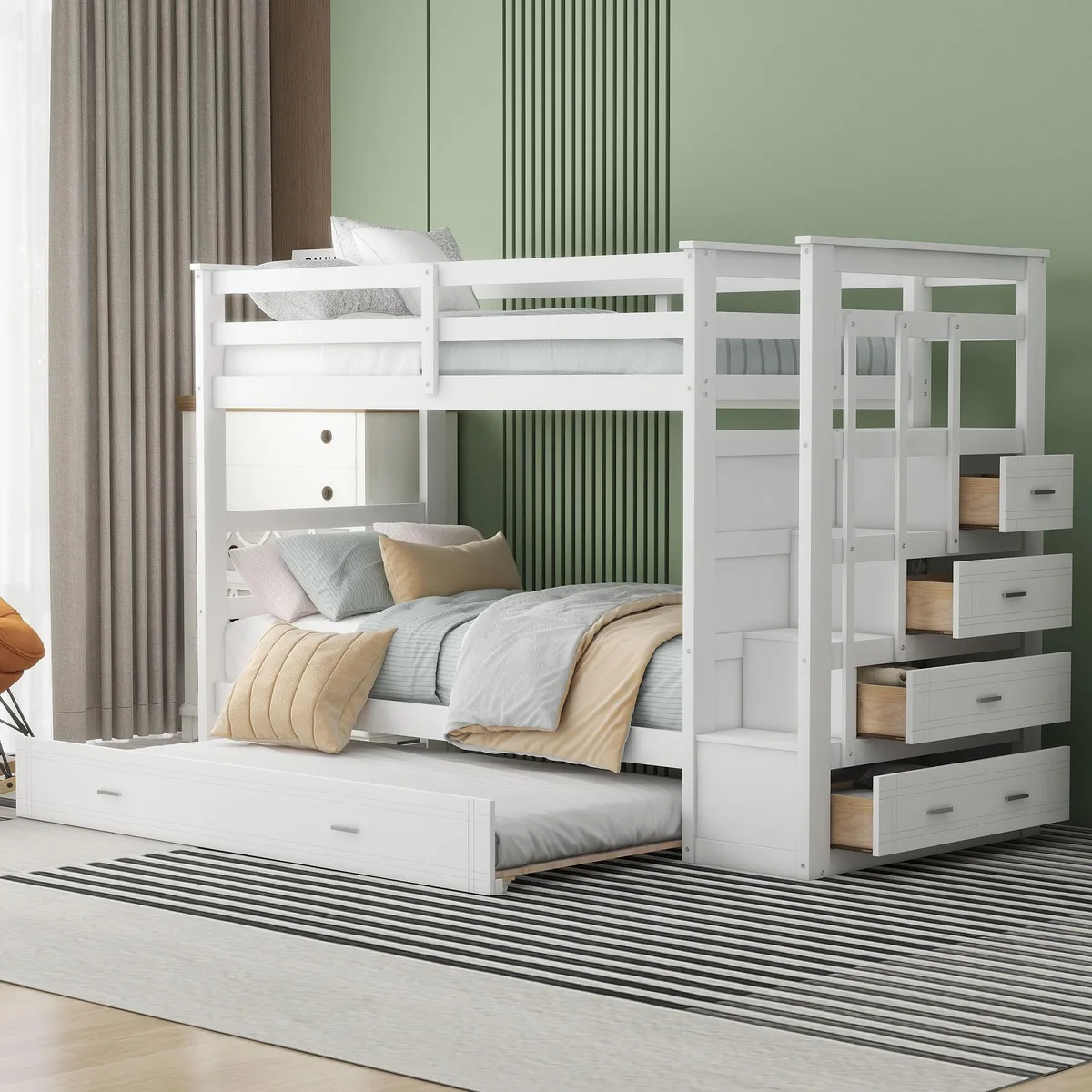 tuphen tuphen Twin Over Twin Bunk Bed with Trundle and Staircase White — product photo