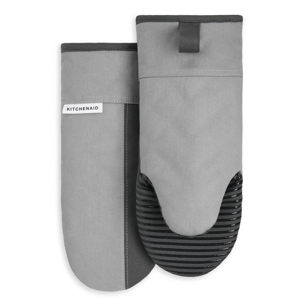 Two grey cotton oven mitts with silicone grip and hanging loops