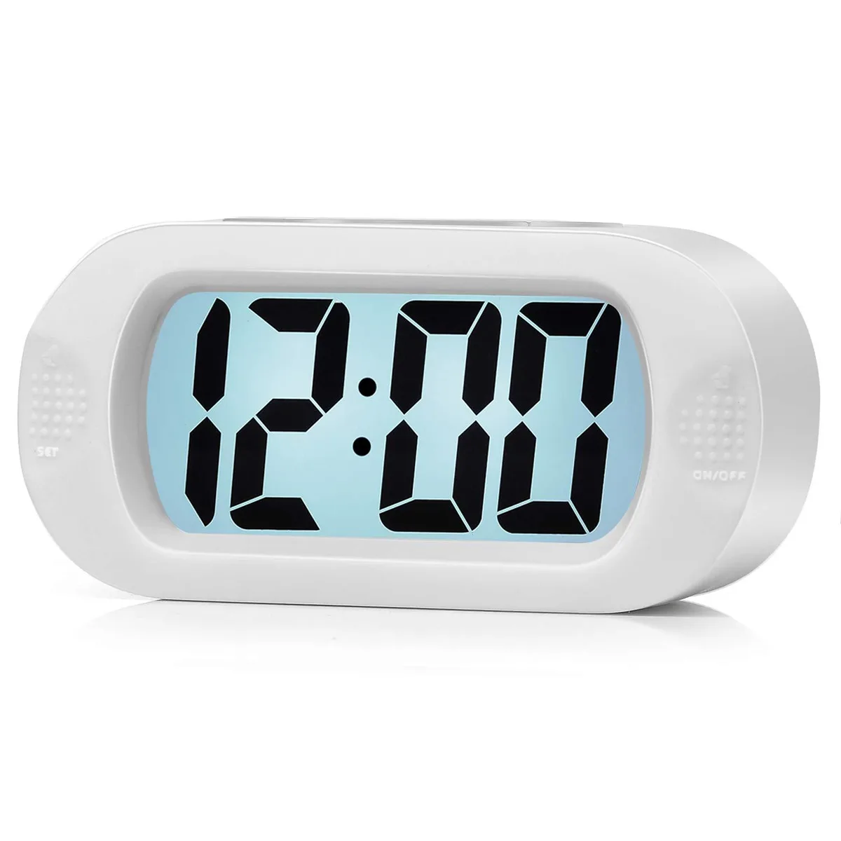 White rectangular LCD alarm clock with rounded edges, soft-touch silicone cover, large jumbo digits, snooze and light button on top