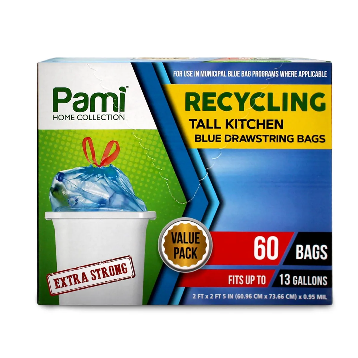 Blue 13-gallon recycling trash bags, drawstring closure, 35-count roll