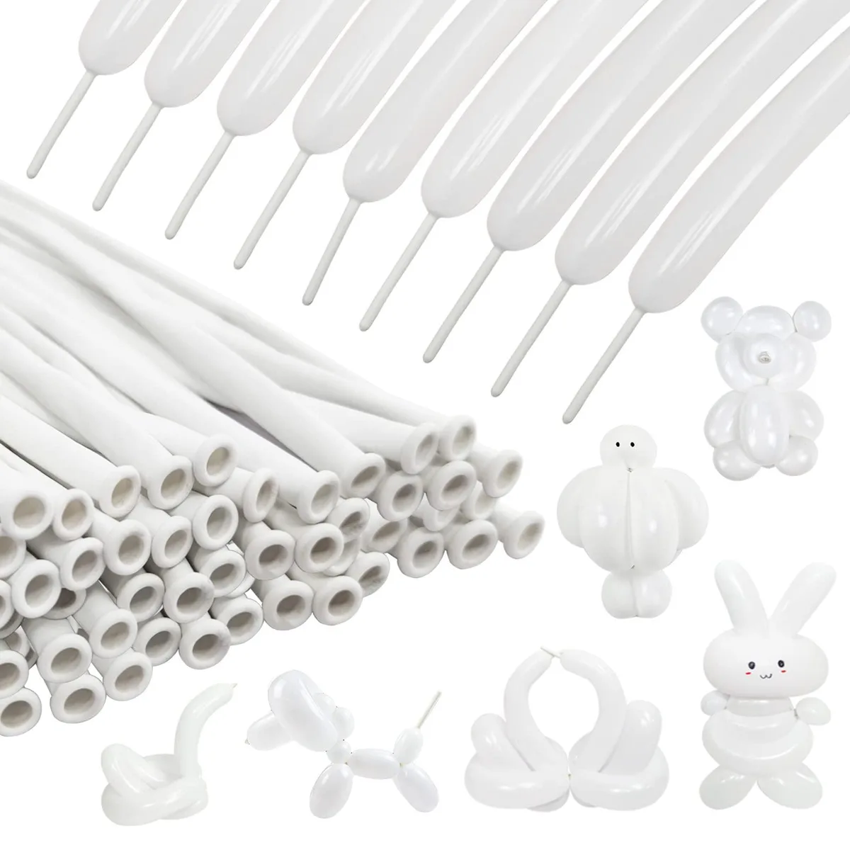 Pack of 100 white 260 twisting balloons, long thin latex form