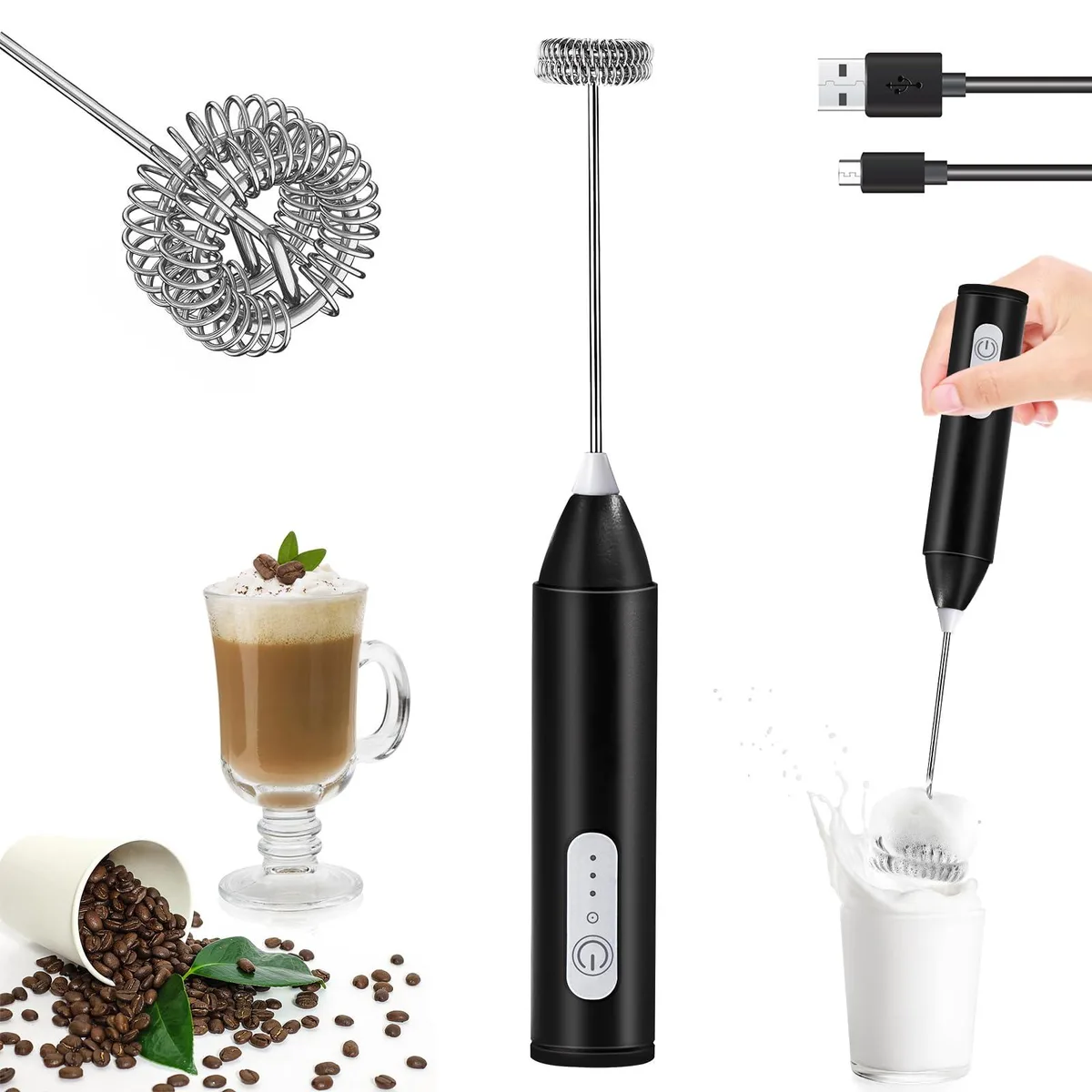  SF SUNFUNY KD-306 Rechargeable Milk Frother Wand 3-Speed USB-C — product photo