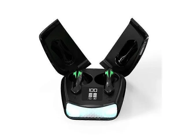 Black in-ear wireless earbuds with compact charging case