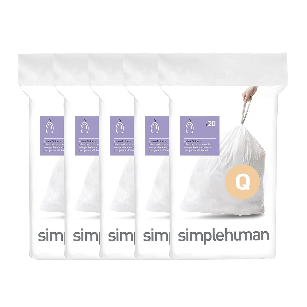 White rectangular box containing one hundred custom-fit drawstring trash bags for 17 gallon cans