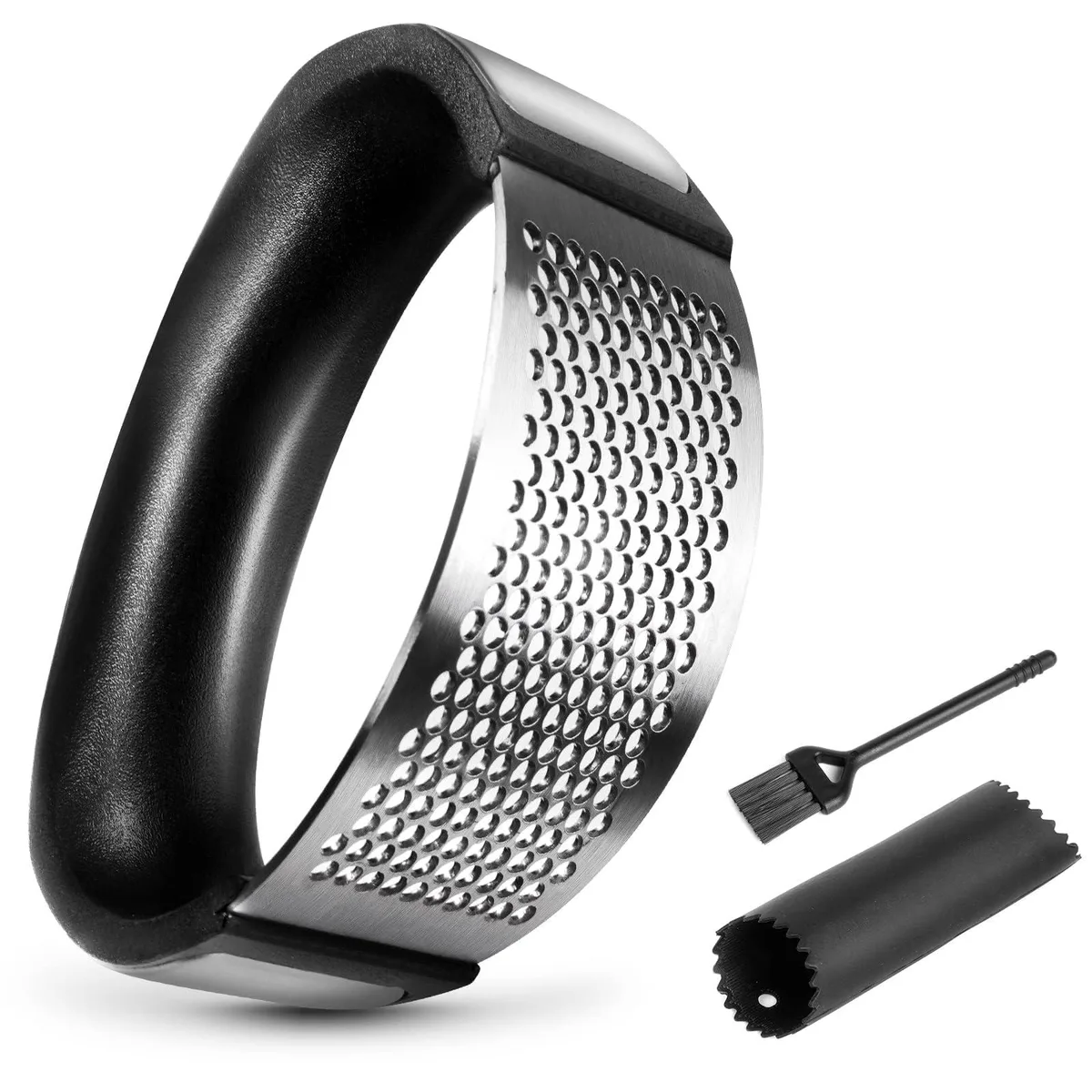 Stainless steel garlic press set with black ABS handle, silicone peeler and cleaning brush