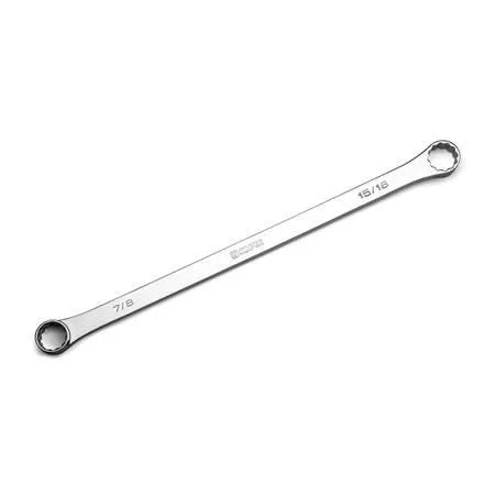 Long thin wrench with two closed box ends, polished chrome finish
