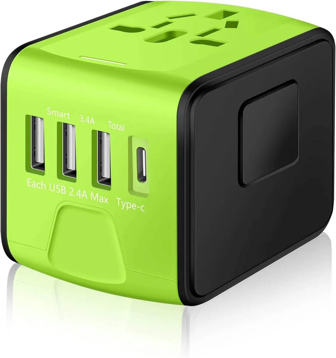 Compact green travel adapter with sliding plug modules and four USB ports