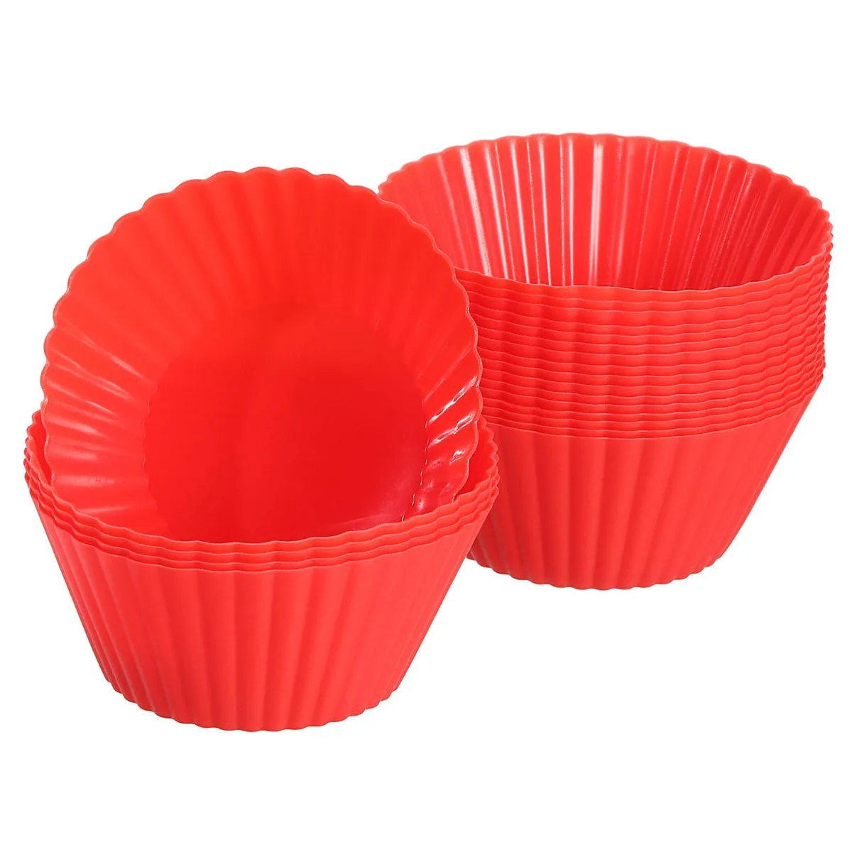 Eighteen red silicone cupcake liners, round and flexible, 3.5 cm high