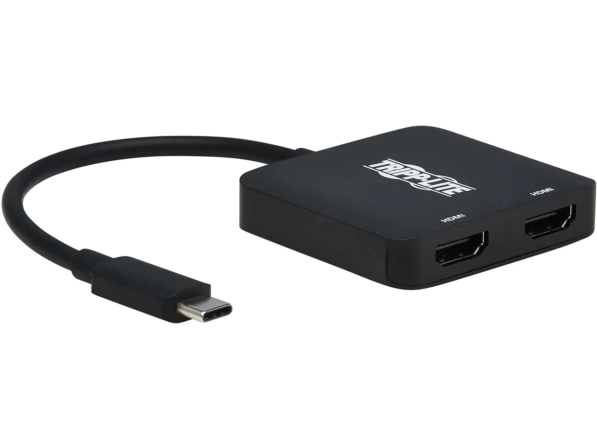 Small black USB-C adapter with two HDMI ports
