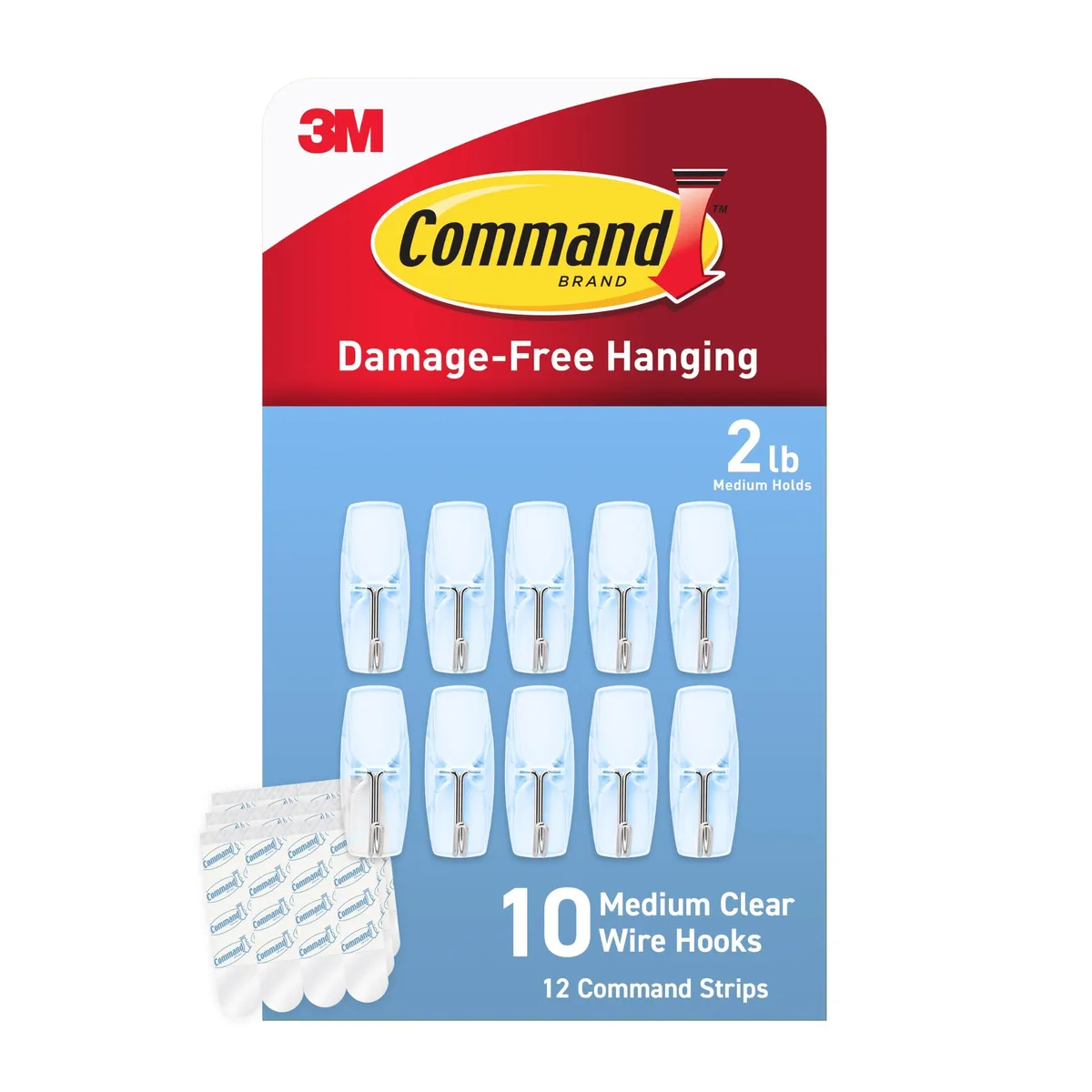 Clear wire toggle hooks on adhesive strips, ten hooks and twelve strips visible