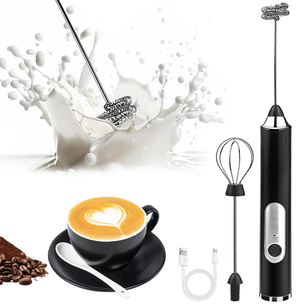  Brentwood Milk Frother Toughwild 3 Speed USB Rechargeable 2 Whisks Black — product photo