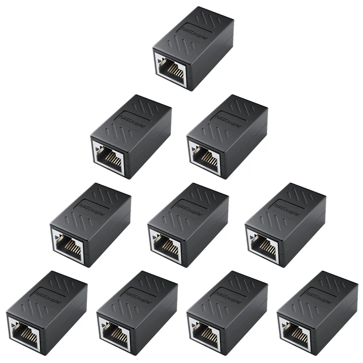 Ten small rectangular RJ45 couplers in a row, glossy white plastic with gold contacts