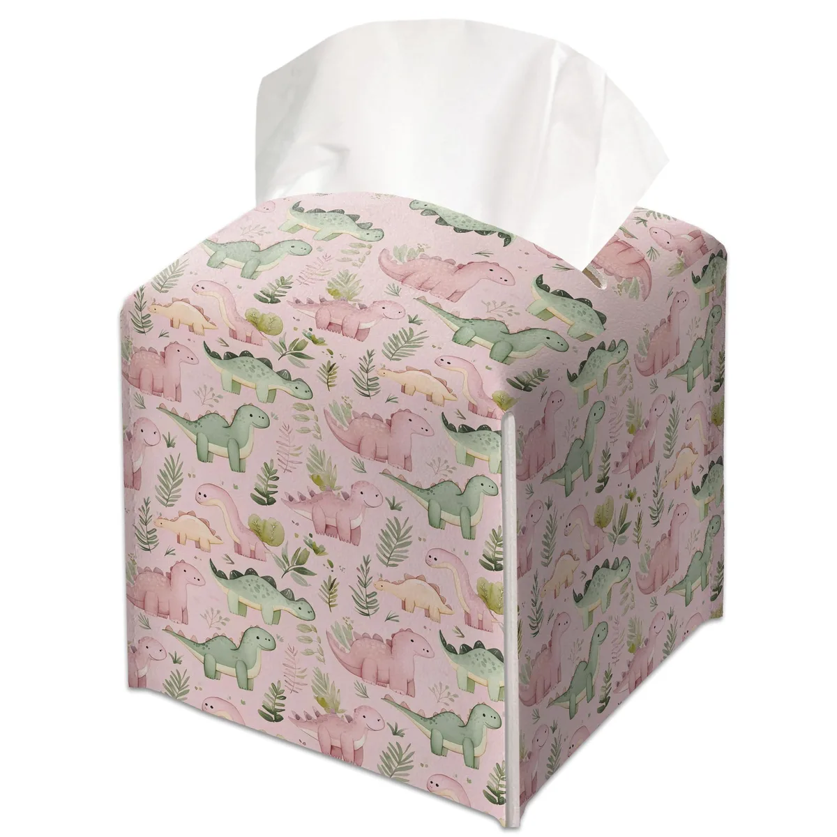 Pink dinosaur leather tissue box cover, 5.2 inch cube, Velcro closure