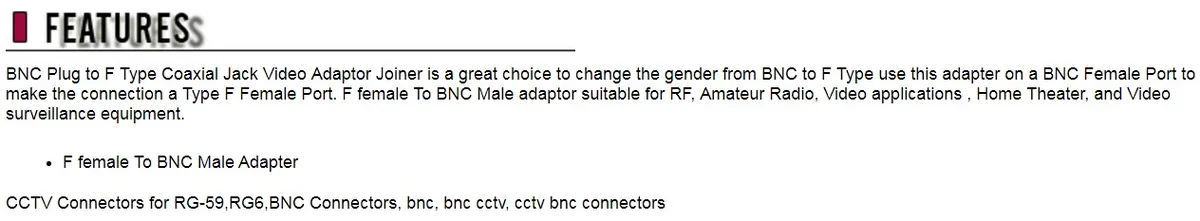 Bluecctv Bluecctv CCTV F Female To BNC Male surveillance accessory — product photo