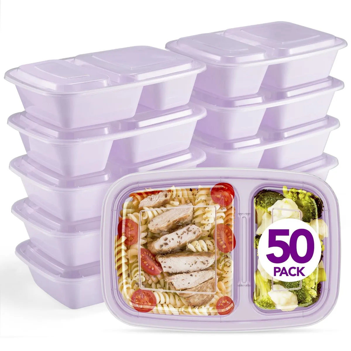 Stack of red silicone food storage containers with lids, 50 pack, 32 oz each