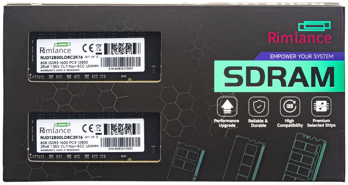 RIMLANCE RIMLANCE RUD12800LD8C2K16 16GB (2x8GB) DDR3 1600 CL11 1.35V UDIMM 240-Pin — product photo