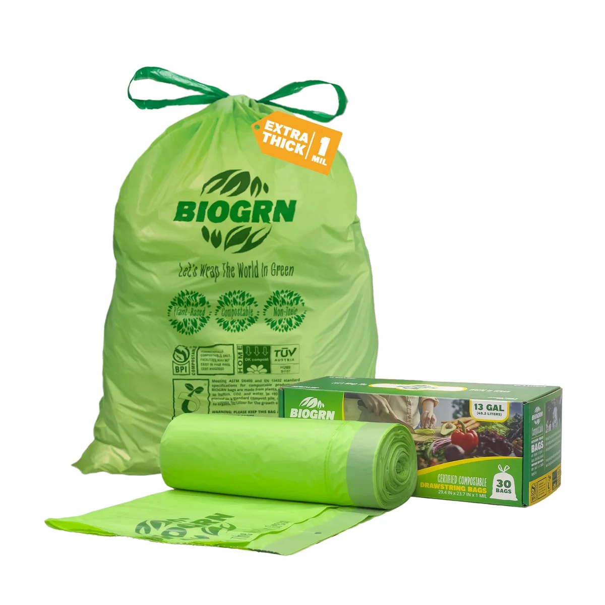 Green compostable bags on a roll, drawstring closure, 30-count pack