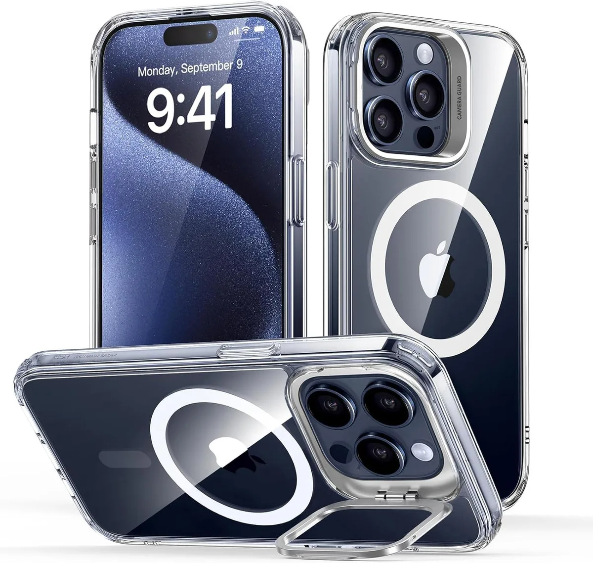 Clear protective case for iPhone 15 Pro Max with built-in foldable stand and MagSafe ring