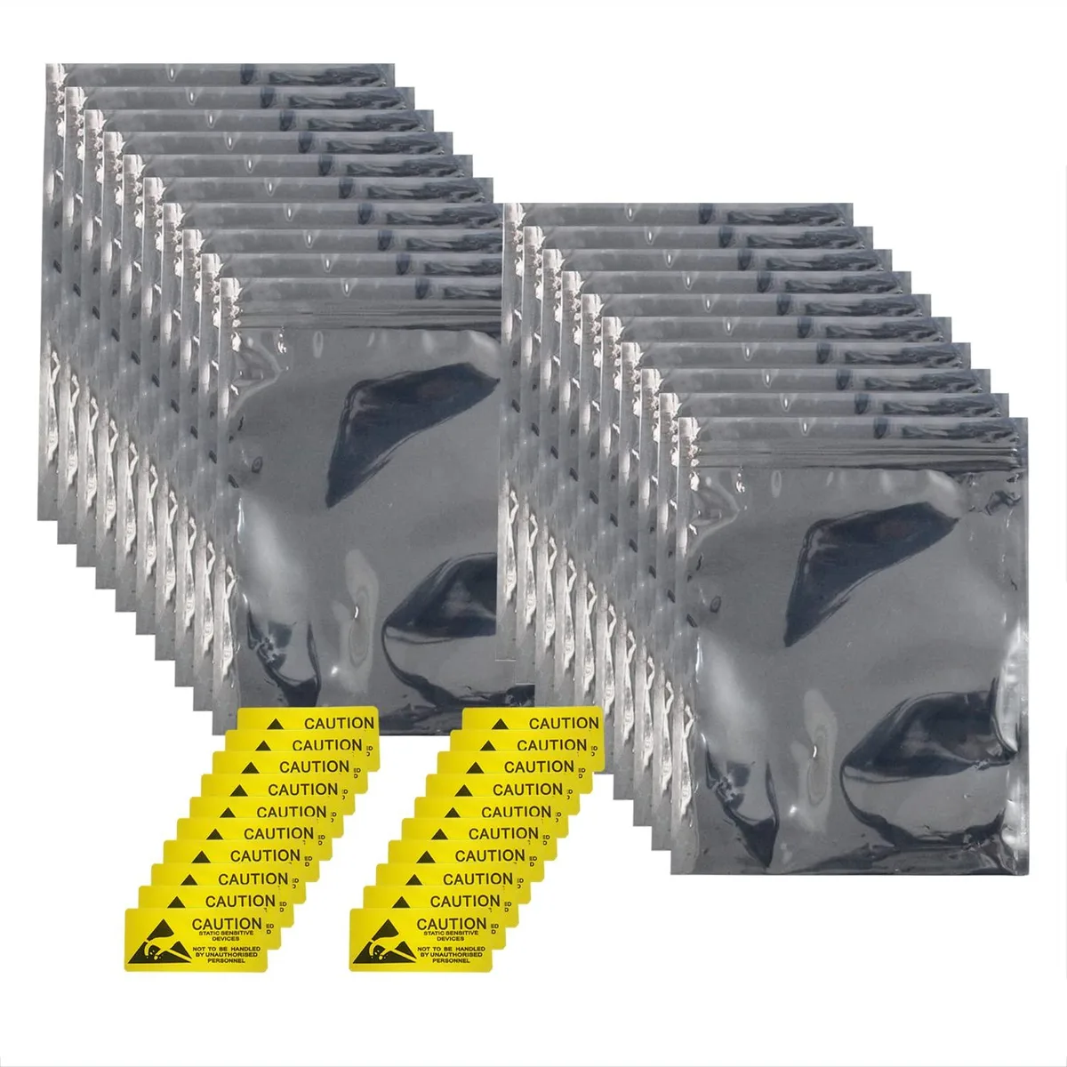 Twenty silver-metallised ziplock bags with anti-static labels, 12 by 16 inches