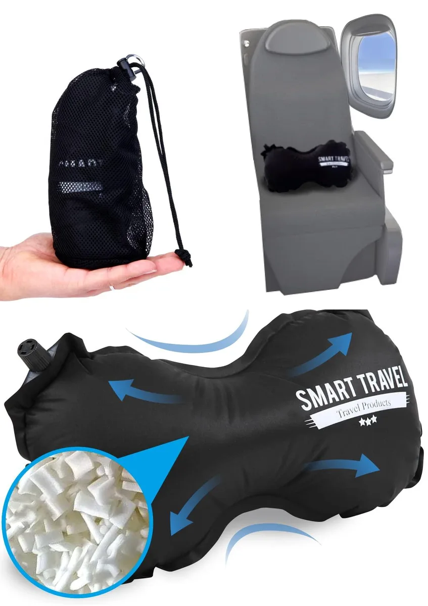 Black inflatable lumbar pillow with adjustable strap and valve, shown semi-inflated with memory foam core visible