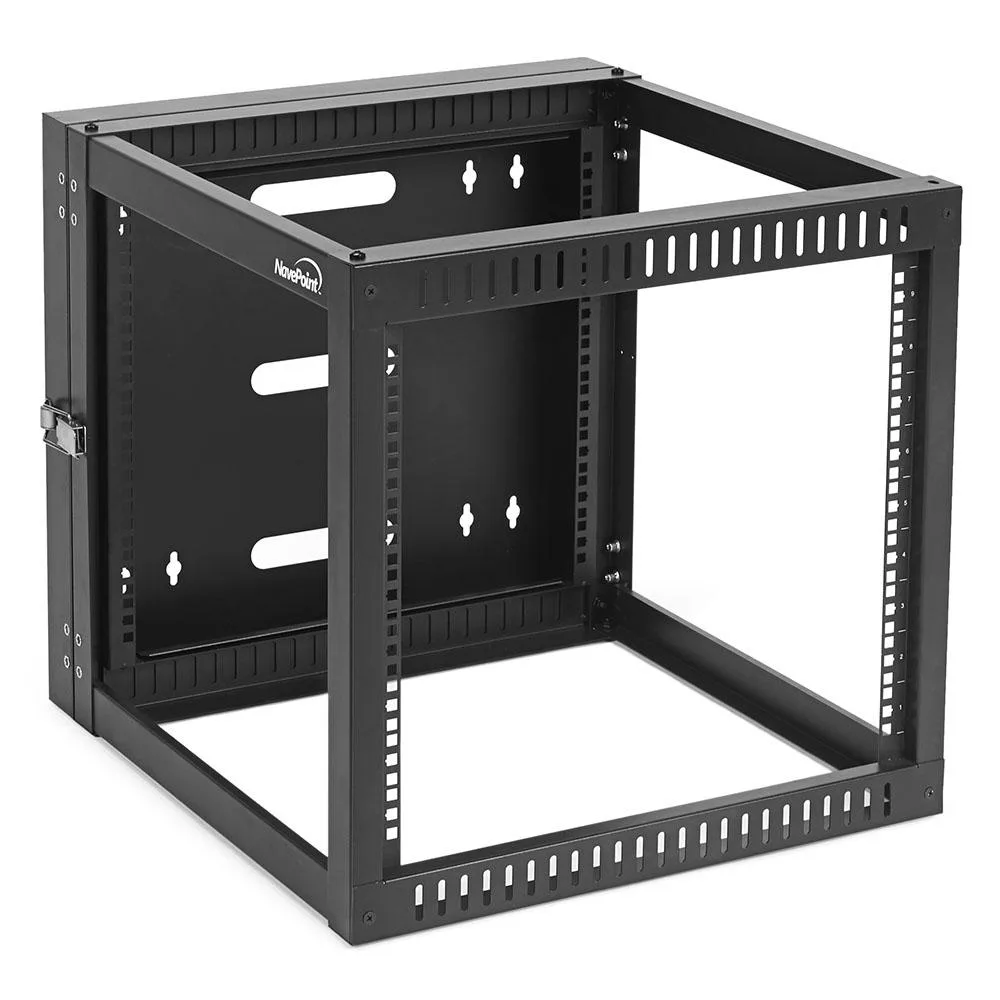 Black 9U hinged open-frame wall-mount rack with swing gate open 180 degrees
