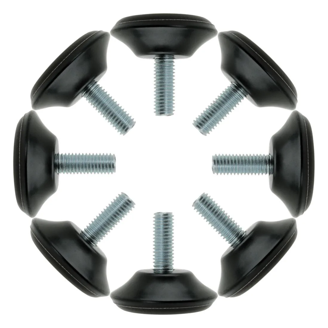 Eight M8 threaded leveling feet with plastic bases, silver metal stems, 20 by 40mm