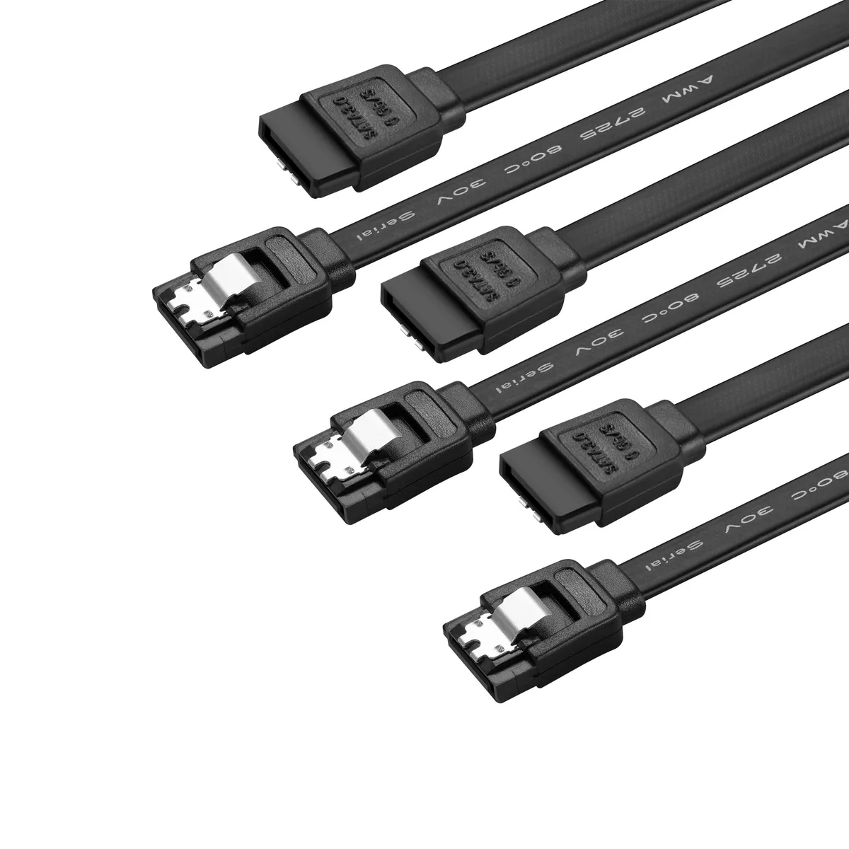 Three black SATA cables with locking latches, fifteen inches long