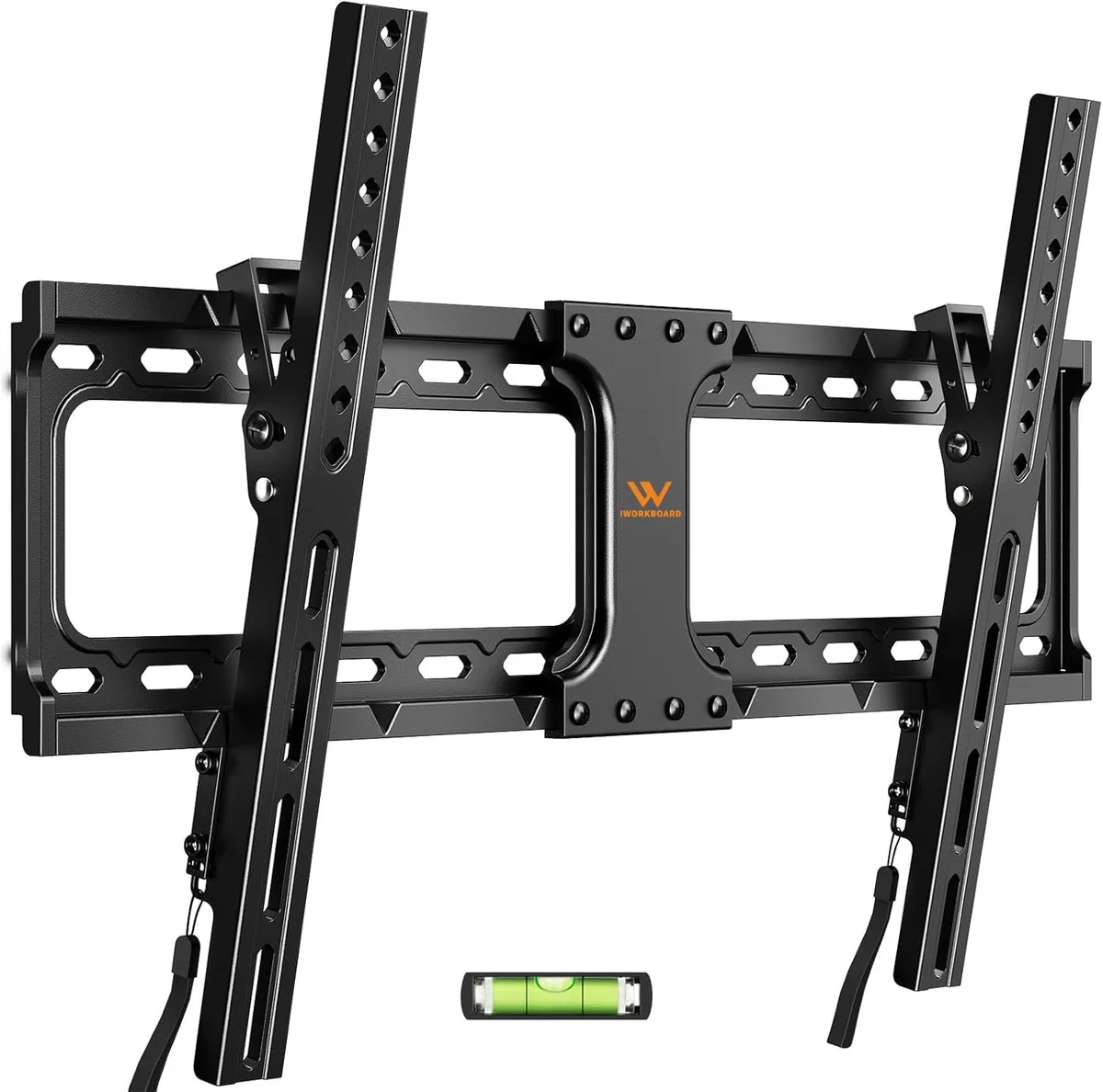 Black low-profile tilting TV wall mount with two arms and bracket, shown flat against a wall
