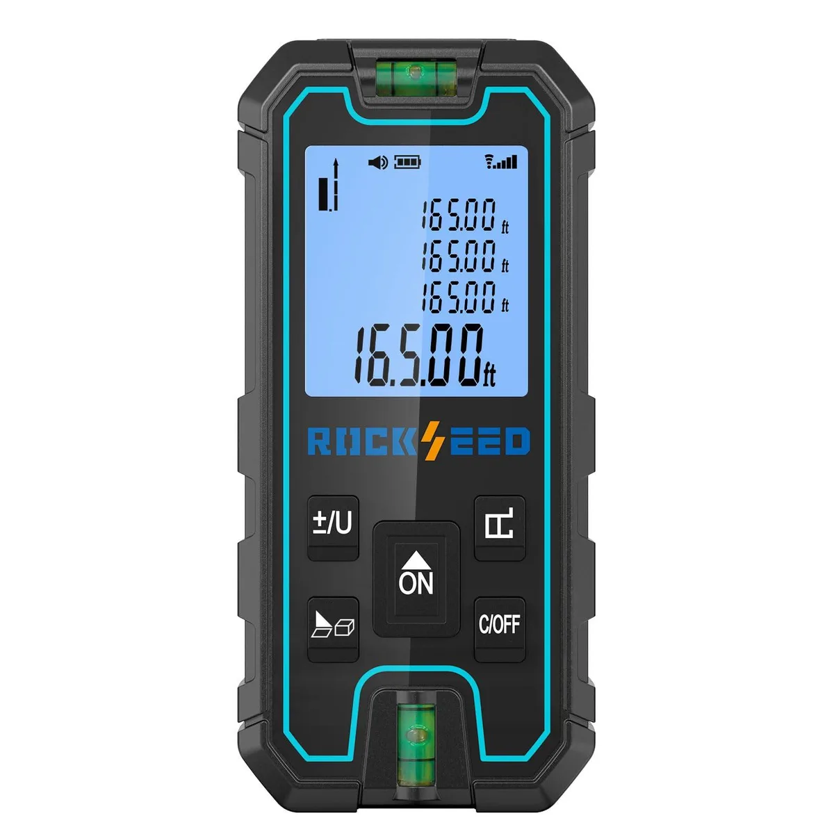 Black handheld laser measure with red laser, dual bubble levels, and digital display