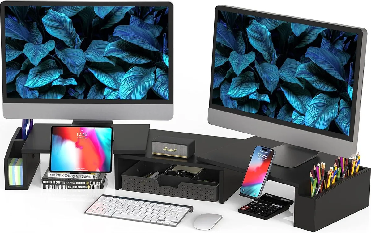 PISKEKAT PISKEKAT Dual Monitor Stand Riser with Drawer Black 29.13 to 40.9 L x 10.85 W x 5 H — product photo