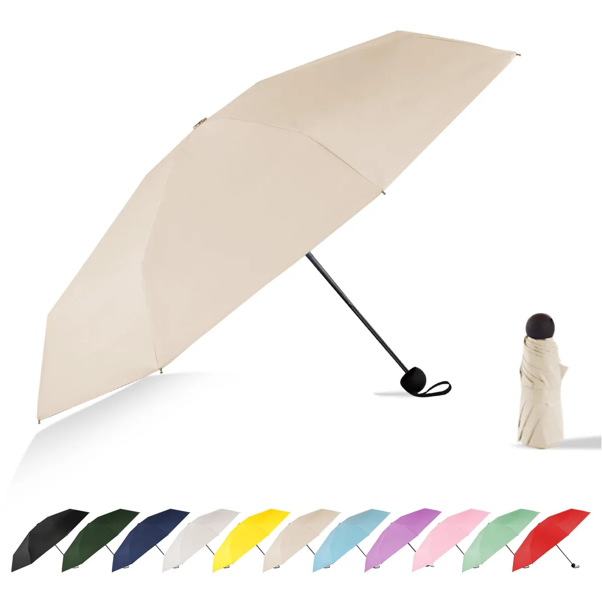 RusuiQinsan Mini Travel Umbrella Beige 5-fold UPF 50+ 37.8" canopy 48.5" arc 7.9" folded — product photo